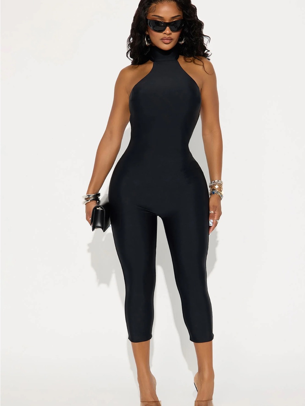 Fashion Nova Black Halter Open Back Capri Jumpsuit Size S NWT